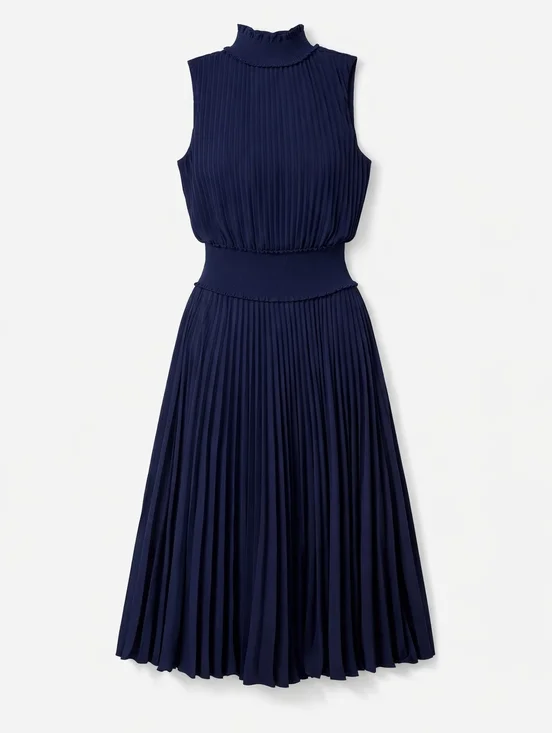 Nanette Lepore Navy Pleated Midi Dress Size 4 Sleeveless High Neck Minimalist - Picture 2 of 8